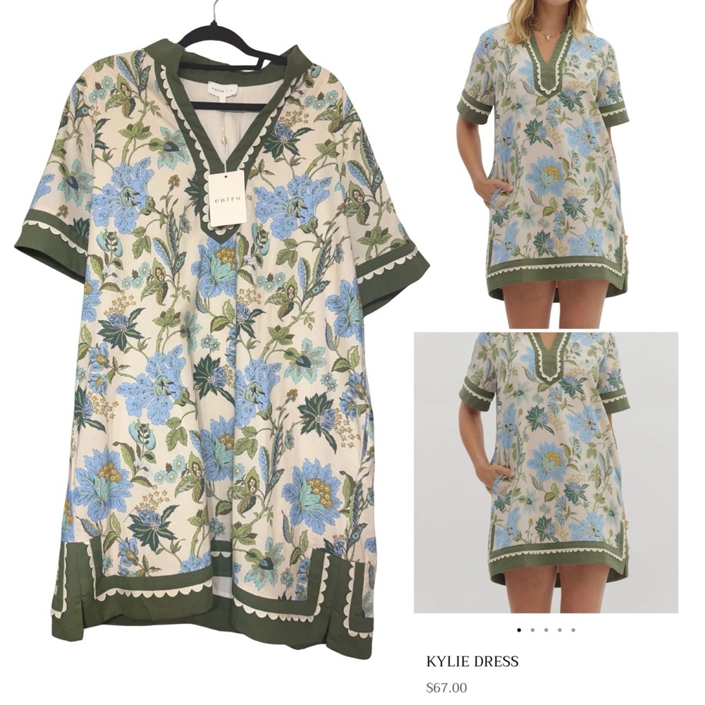 entro Cream Mini Dress with Blue Floral Print and Olive Trim